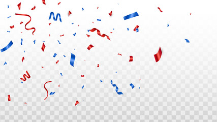 Red and blue celebration confetti falling on transparent background. Happy Independence Day decoration. Usa festive banner. Celebration frame. Patriotic events and party designs. Vector Illustration