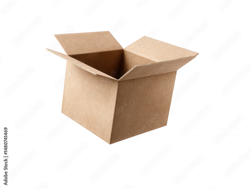 Poster an empty cardboard box with its flaps open sits on a white surface ready to be filled with items or 