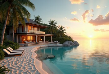 Fototapeta premium intimate luxury villa serene pristine beach seaside retreat paradise private oasis escape, sand, waterfront, shore, tropical, sunset, resort, architecture