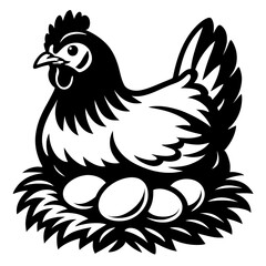 Obraz premium Monochrome vector illustration of a hen sitting on a nest, ideal for themes of farm animals, poultry, or motherhood.