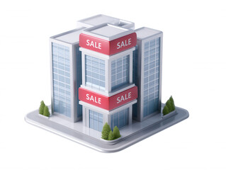 A minimalist 3D rende shows a building structure with multiple SALE signs, symbolizing retail promotions and deals, against a clean white background.