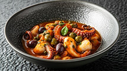 Regular view of Polpo alla Luciana tender octopus cooked tomato sauce olive caper served bowl over black textured surface Traditional seafood recipe Naples Italy cut out isolated transparent