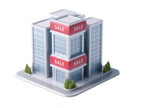A minimalist 3D rende shows a building structure with multiple SALE signs, symbolizing retail promotions and deals, against a clean white background.