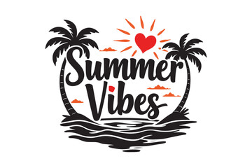 Retro Summer Vibes Beach Design with Palm Trees, Heart, Sun, and Ocean Illustration