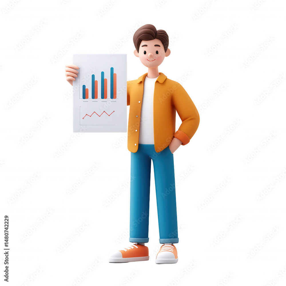 Poster A cheerful 3D cartoon character stands confidently, holding a document displaying a colorful bar graph and line chart against a clean, white background image.