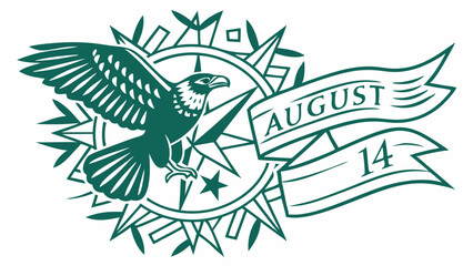 Majestic eagle soaring above compass rose August 14th design teal green vector art vintage style graphic symbolic