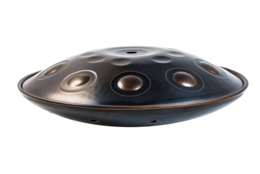 PNG Metallic handpan drum with circular indentations on white background