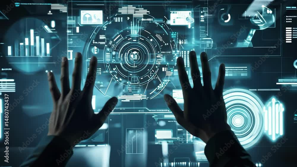 Poster hands interacting with futuristic transparent digital interface, glowing hud elements overlay