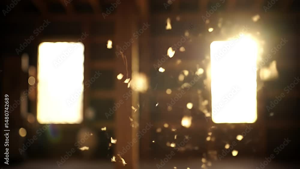 Poster floating particles in slow motion near window light for atmospheric effect