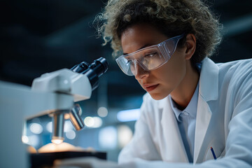 
Scientist examining specimen through laboratory microscope intently.