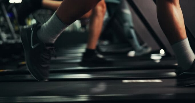 Sneakers, legs and people on treadmill in gym, running or walking for steps, cardio and workout for health. Performance, training and group of shoes for runner sport, wellness and machine for energy