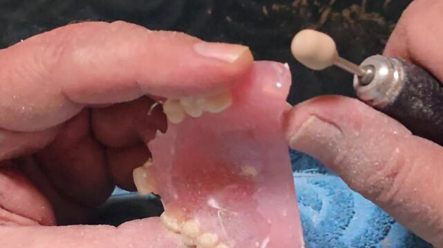 This close-up shows hands carefully working on a set of dentures. A small rotary tool with an abrasive tip is being used to refine the pink acrylic base and the artificial teeth. video 4k
