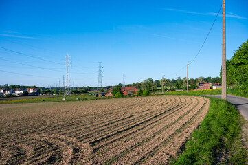 Fresh sown land of corn fields at the countryside in Lot, Flemish Brabant Region, Belgium