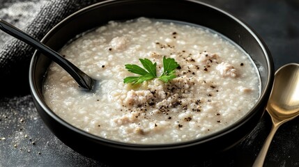 Minced pork congee with white pepper sprinkled lightly on top and spoon placed gently inside