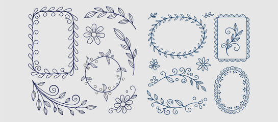 Set of Merry Christmas whimsical hand-drawn blue orange green color frames with wavy squiggle curly ribbons in trendy, vintage styles. Perfect for quirky holiday, Christmas invitation, greeting card.