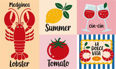 Modern vector food-themed postcards inspired by Mediterranean summer vibes are easily scalable and editable.