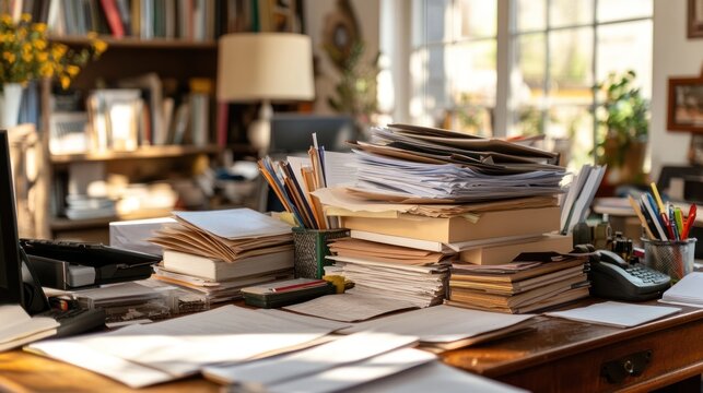 Cluttered desk with stacked papers books and office supplies in sunlight