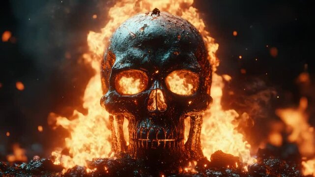 Fiery skull, engulfed in flames, set against a dark backdrop.  The skull is metal, and the flames are vibrant.  Ash and sparks surround the skull
