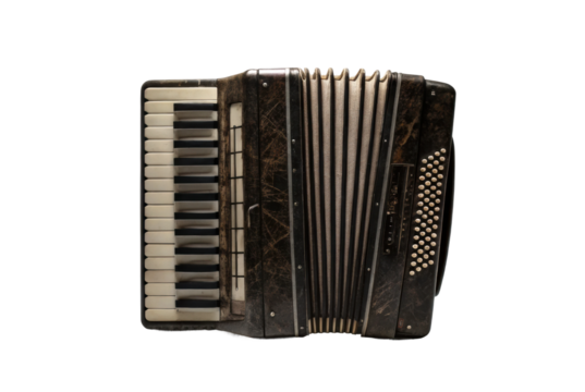 PNG Vintage accordion with black and white keys and buttons on a black background