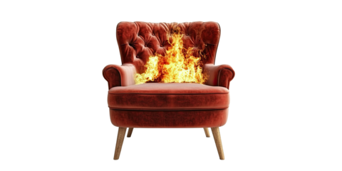 Vintage orange armchair burning in flames isolated on white transparent background concept of fire hazard and danger