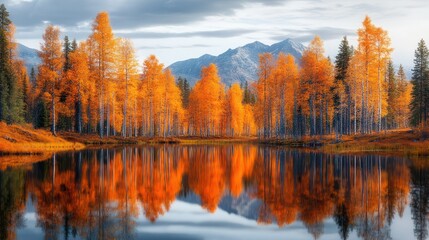 Autumnal lake reflecting vibrant trees. Mountain backdrop