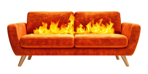 Modern orange sofa with pillows burning in flames and smoke isolated on white transparent background