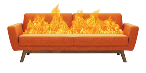 burning modern fabric sofa with wooden legs and cozy cushions isolated on white transparent background