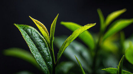 Fototapeta premium A close up shot of vibrant green tea leaves glistening with water droplets against a dark background