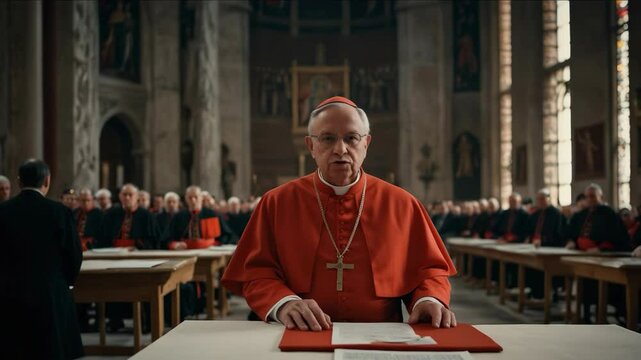 Catholic cardinal standing by the altar, holding a folded ballot as he prepares to cast his vote during the papal conclave. 