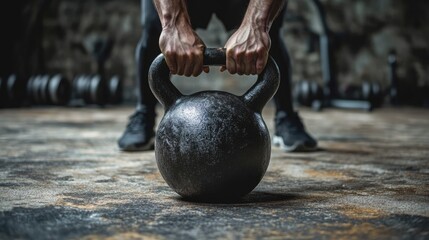 Fototapeta premium Close-up of Fitness Athlete Holding Heavy Kettlebell in Gym