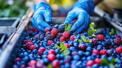 Close-up of hands in blue gloves sorting fresh raspberries and blueberries
