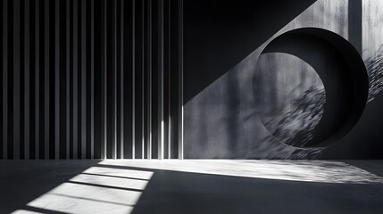 A minimalist modern architectural interior showcases geometric elements and the play of light and shadow, creating a serene, visually striking composition.