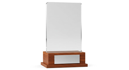 A clear acrylic award with a wooden base and a silver plate isolated on a white background