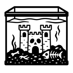 Black and White Illustration of a Fish Tank with Spooky Castle - Graphic Element for Objects, Abstract, or Design Themes