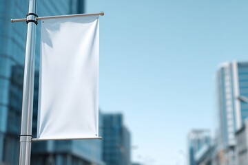 Blank vertical banner attached to a pole in an urban setting, ready for custom graphics, signage, advertising, or promotional messaging.