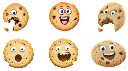 Set of cartoon chocolate cookies with expression isolated on transparent background.