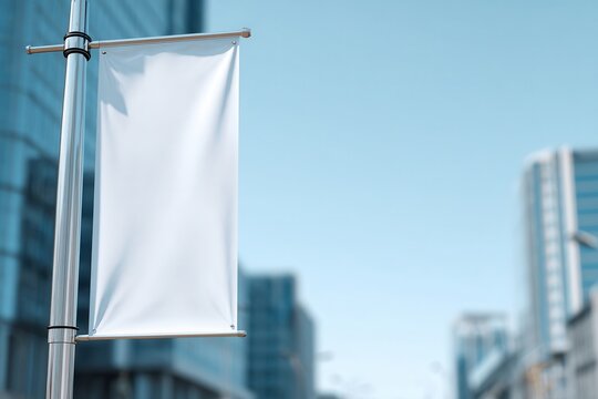 Blank vertical banner attached to a pole in an urban setting, ready for custom graphics, signage, advertising, or promotional messaging.