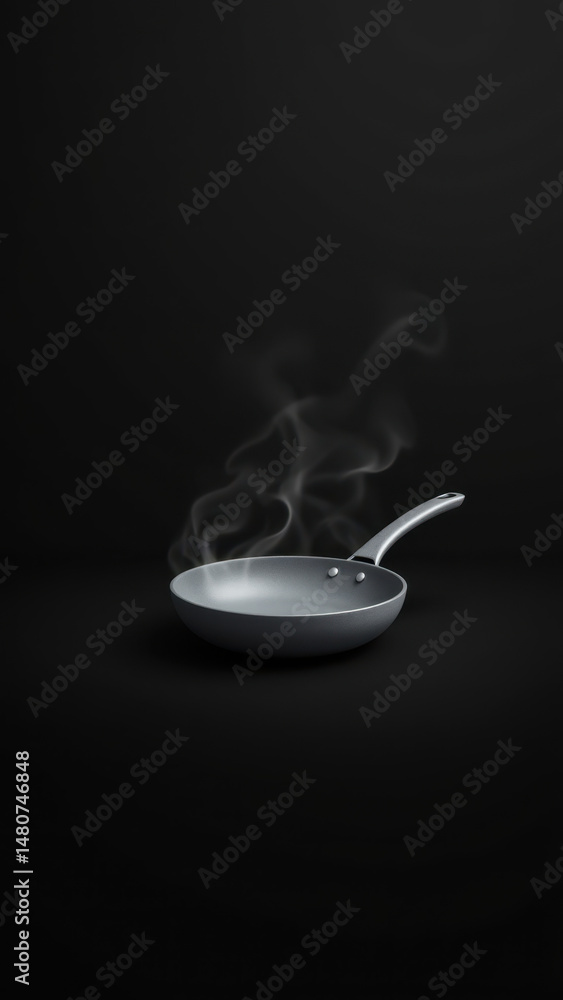 Poster a digital rendering of a skillet with steam rising from it on a gradient background.