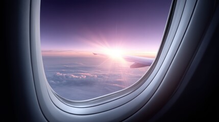 Fototapeta premium Airplane Window Sunrise View Purple and Orange Hues Over Cloudscape