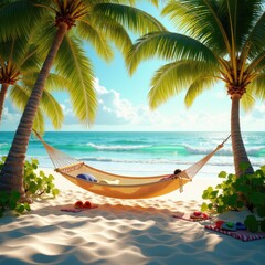 Naklejka premium relaxing beach hammock nestled lush palm trees tropical vacation serenity, sea, sky, ocean, sand, coast, paradise, tide, summer, leaves, shade, island