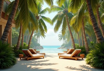Fototapeta premium relaxing lounge chairs under lush tropical palm trees private retreat oasis, shade, sunbed, beach, patio, furniture, umbrella, garden, relaxation