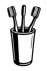 Family Smiles: An Illustration Featuring Three Toothbrushes In A Cup, Representing Oral Hygiene For The Family, Shared Bathroom Items, Or The Essential Tools Used Daily For Maintaining Dental Health