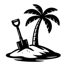 Treasure Island: An Illustration Featuring a Tropical Island With a Palm Tree and Shovel, Representing Treasure Hunts, Adventure, Discovery, Or The Iconic Scene Of Searching For Hidden Riches On A Sec