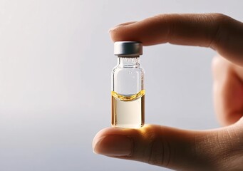 A hand holding a small glass vial containing a white and yellow liquid against a light background,