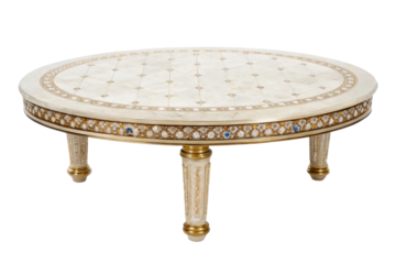 PNG Elegant marble coffee table with ornate inlay designs and gold accents