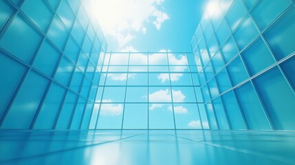 Obraz premium Azure glass-walled interior, looking out to a bright sky