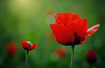 Fototapeta premium Close-up of vibrant red poppy flowers with natural dew drops.