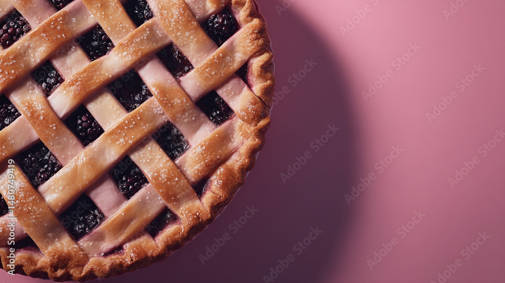 Poster close up of a blackberry pie with lattice crust on a pink background showing the pie crust detail
