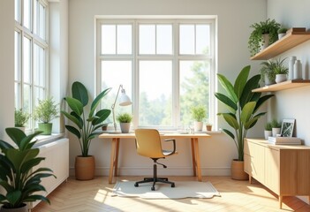 Fototapeta premium serene minimalist workspace design calm productivity green plants natural light furniture, desk, chair, interior, greenery, modern, functional, creative