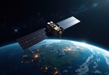 satellite orbiting earth starry background cosmic space technology astronomy night sky, stars, cosmos, galaxy, celestial, astrophotography, atmosphere